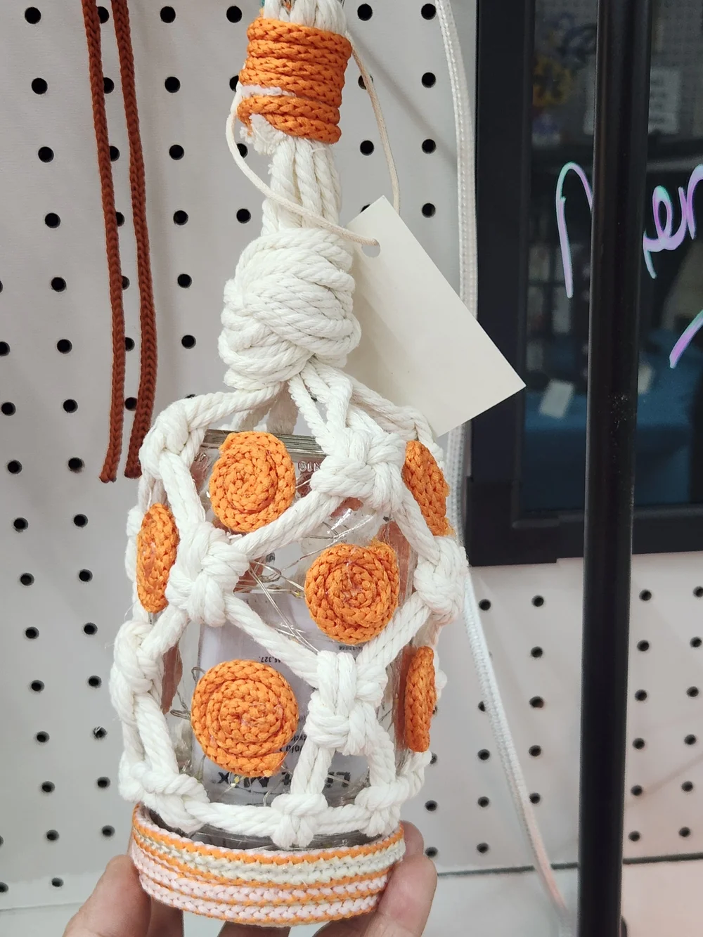 Handmade White and Orange Macramé Hanging Jar - Home Accents